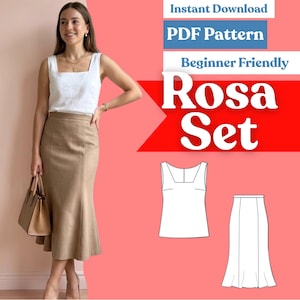 Puede incluir: Un top blanco sin mangas con cuello cuadrado y una falda midi de color tostado con dobladillo acampanado. La imagen incluye el texto Instant Download, PDF Pattern, Beginner Friendly y Rosa Set, junto a un dibujo técnico del conjunto.