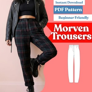 May include: A digital sewing pattern for Morven Trousers featuring a black, green, and dark red plaid fabric. The image includes text stating Instant Download, PDF Pattern, Beginner Friendly, and Morven Trousers, alongside a white line drawing.