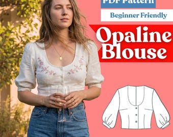 Bishop Sleeve Blouse Sewing Pattern: Women’s Scoop Neck Cropped Button-Front Top (PDF Download, XXS-5XL)