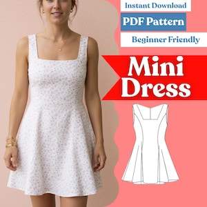 May include: A white mini dress with a small pink floral pattern, featuring a square neckline and a flared skirt. The image includes text reading Instant Download, PDF Pattern, Beginner Friendly, and Mini Dress, with a line drawing of the dress.