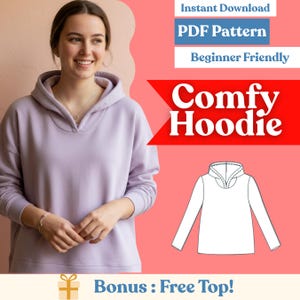 Peut inclure: Un sweat à capuche lilas à la coupe décontractée. L'image comprend le texte "Instant Download PDF Pattern Beginner Friendly Comfy Hoodie Bonus: Free Top !" Un dessin au trait du sweat à capuche est également affiché.