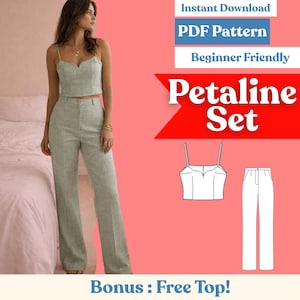 May include: A woman models a light green two-piece set, a camisole top and high-waisted pants. The image includes a PDF pattern graphic with the text "Petaline Set" and "Beginner Friendly". The bonus is a free top.