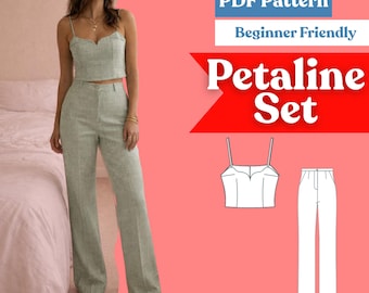 Patrón de costura para pantalón recto largo y camisola corta con escote en forma de corazón para mujer (conjunto de dos piezas) - Descarga en PDF
