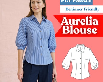 Bishop Sleeve Blouse Sewing Pattern: Women’s Collared Button-Up Shirt (PDF Download, XXS-5XL)