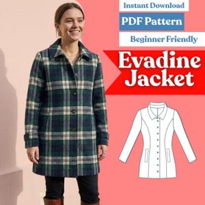 Peut inclure: Un patron de couture PDF numérique pour la veste Evadine, présentant un manteau à carreaux vert, bleu marine et crème avec un col, des manches longues et des boutons, accompagné d'un dessin technique de la veste sur un fond corail.