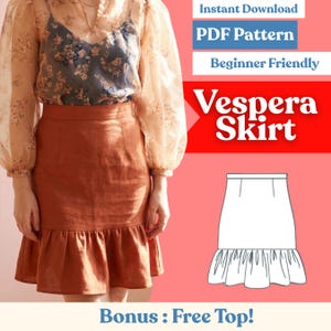 May include: A rust-colored skirt with a ruffled hem is shown. The skirt is paired with a floral top and a sheer, long-sleeved blouse. Text on the image reads "Vespera Skirt", "PDF Pattern", and "Beginner Friendly".