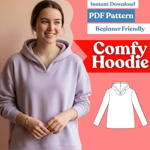 May include: A light purple long-sleeve hoodie with a hood and a V-shaped neckline detail. The image includes text that reads Instant Download, PDF Pattern, Beginner Friendly, and Comfy Hoodie, alongside a black and white line drawing of the hoodie.