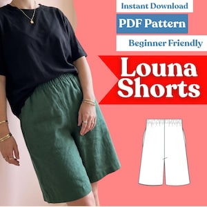Modello di cucito per pantaloncini al ginocchio da donna: comodi bermuda con elastico in vita e tasche (download PDF, XXS–5XL)