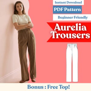 Puede incluir: Una mujer con un top color crema y pantalones a cuadros marrones. La imagen incluye el texto "Instant Download PDF Pattern Beginner Friendly Aurelia Trousers" y un dibujo lineal de pantalones. Bonus: Free Top!