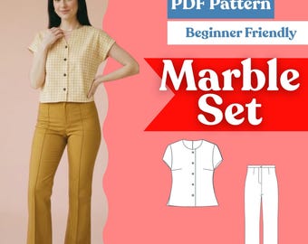 Women’s Two-Piece Sewing Pattern Set (PDF) | Straight-Leg Fitted Trousers + Short-Sleeve Button-Up Top | Woven Coordinates