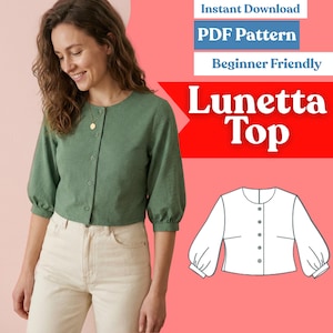 Può includere: Un top abbottonato a quadretti vichy verdi e neri con maniche a tre quarti e scollo rotondo. L'immagine include il testo Instant Download, PDF Pattern, Beginner Friendly, Lunetta Top e un disegno al tratto bianco del capo.