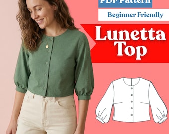 Cropped Bishop Sleeve Blouse Sewing Pattern: Round Neck Button-Front Top (PDF Download, XXS–5XL)