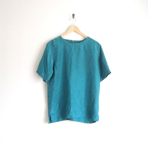 Vintage Teal Green Silk Blouse. Short Sleeves Boxy Shirt with Keyhole. 90s Shirt. Classic Minimalist Blouse.