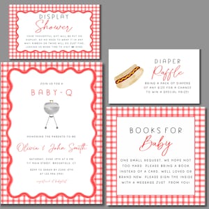 May include: A collection of baby shower stationery featuring a red and white gingham design. The invitations and cards include details for a "Baby-Q", a diaper raffle, and a request for books for the baby.