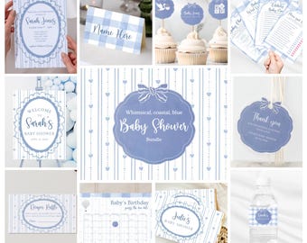 Blue Coastal Baby Shower Bundle | Whimsical Nautical Theme Digital Download with Invitations, Games, Signs & Decor