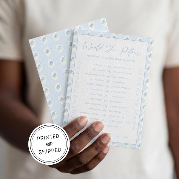 Bridal Shower Game - Would She Rather? | Printed 5x7 | Watercolor Hand Illustrated | Blue Hydrangea | Coastal, Floral, Whimsical, Patterned