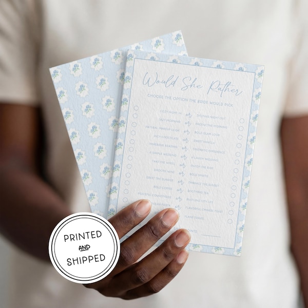 Bridal Shower Game - Would She Rather? | Printed 5x7 | Watercolor Hand Illustrated | Blue Hydrangea | Coastal, Floral, Whimsical, Patterned