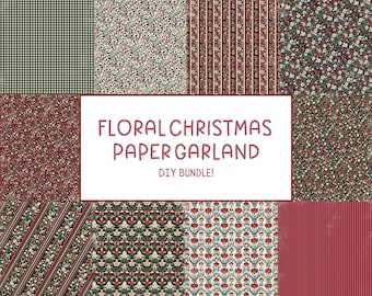 May include: A collection of patterned papers featuring various designs including green gingham, red and green floral prints, and striped patterns. A central white rectangular label displays the text: FLORAL CHRISTMAS PAPER GARLAND DIY BUNDLE!