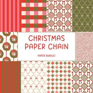 May include: A digital paper bundle featuring various Christmas-themed patterns including red and pink stripes, red and green plaid, wreaths with red bows, red dots, and star motifs. The central text reads CHRISTMAS PAPER CHAIN PAPER BUNDLE!