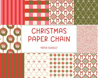 May include: A digital paper bundle featuring various Christmas-themed patterns including red and pink stripes, red and green plaid, wreaths with red bows, red dots, and star motifs. The central text reads CHRISTMAS PAPER CHAIN PAPER BUNDLE!