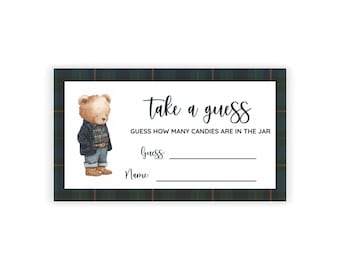 Carte de jeu de devinettes en pot de bonbons pour baby shower inspiré de tartan classique preppy | Ours en peluche | 3,5 x 2 pouces imprimé | Lot de 10, 30, 50, 100, 200