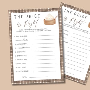 May include: Two printable "The Price is Right" baby shower game sheets. The game sheets have a brown plaid border and feature a dumpling graphic. The text reads "Guess the price of these baby essentials. Whoever gets the closest to the total cost wins!"