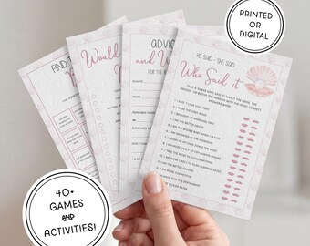 Pink Seashell Bridal Shower Game Bundle | Printed & Shipped or Digital | 5x7 Games | Watercolor Hand Illustrated | All I Sea is Love