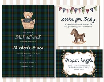 Preppy Classic Tartan Plaid Inspired Baby Shower Invitation Bundle | Preppy Classic Baby Shower Invite Set | Digital Download | Plaid Bear