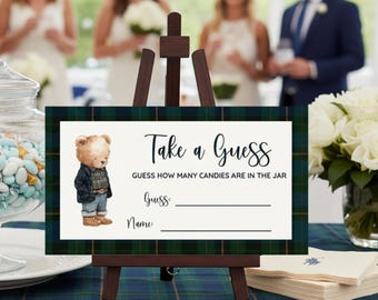 Carte de jeu de devinettes en pot de bonbons pour baby shower inspiré de tartan classique preppy | Ours en peluche | 3,5 x 2 pouces imprimé | Lot de 10, 30, 50, 100, 200