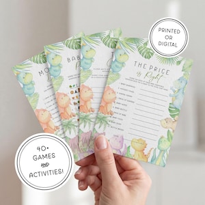 May include: A set of baby shower game cards featuring watercolor illustrations of colorful dinosaurs and tropical leaves. The cards include text such as The Price is Right, a list of ten baby items, and lines for writing. A circular badge states 40+ GAMES AND ACTIVITIES!