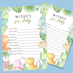 May include: Two identical paper cards titled WISHES for Baby in black and green script. The cards feature watercolor illustrations of colorful dinosaurs and green tropical leaves. Each card includes lines for writing wishes for a newborn.