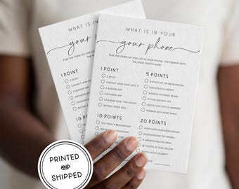 Bridal Shower Game - What is in Your Phone! | Printed & Shipped | 5x7 Cards