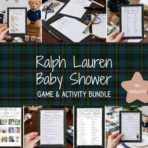 Puede incluir: Un paquete de juegos y actividades para baby shower con temática Ralph Lauren. La imagen muestra varias tarjetas de juego, incluyendo "Disney Emoji Pictionary" y "Match the Baby Animal", con un fondo a cuadros y un oso de peluche.