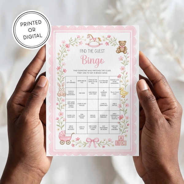 Baby Shower Game! | Printed or Digital Download | 5x7 Cards | Watercolor Hand Illustrated | Pink Girl
