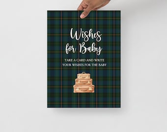 Panneau Baby Shower Preppy | Signe d'activité « Wishes for Baby » | Thème ours à carreaux | Décoration imprimée pour baby shower | Cadeaux et jeux pour baby shower