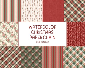 May include: A collection of digital paper patterns featuring red, green, and cream colors with stripes, plaid, poinsettia flowers, and knit textures. The center text reads WATERCOLOR CHRISTMAS PAPER CHAIN DIY BUNDLE! in a dark red font.