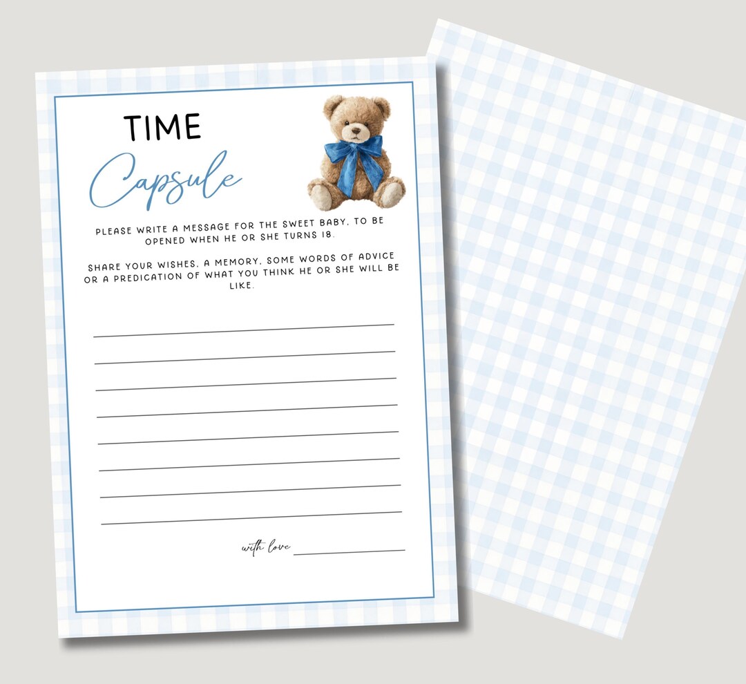 Blue Teddy Bear Themed Baby Shower Game - Time Capsule | Printed 5x7 ...