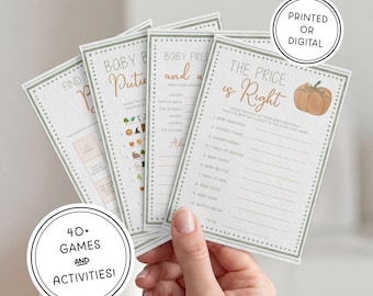 May include: A set of four rectangular baby shower game cards with a sage green border and pumpkin illustrations. The cards feature text including The Price is Right, Baby Predictions, and Baby Picture Match. Text circles state Printed or Digital and 40+ Games and Activities.