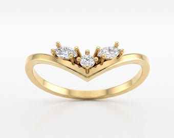 Solid Gold Three Stone CZ Chevron Ring, Curved Crown Band