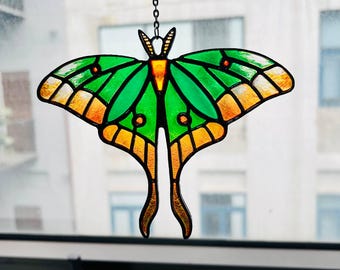 Luna Moth Resin Suncatcher, Acrylic Butterfly Window Hanging, Green Orange Moth Art Decor, Nature Lover Gift, Birthday Gift For Her