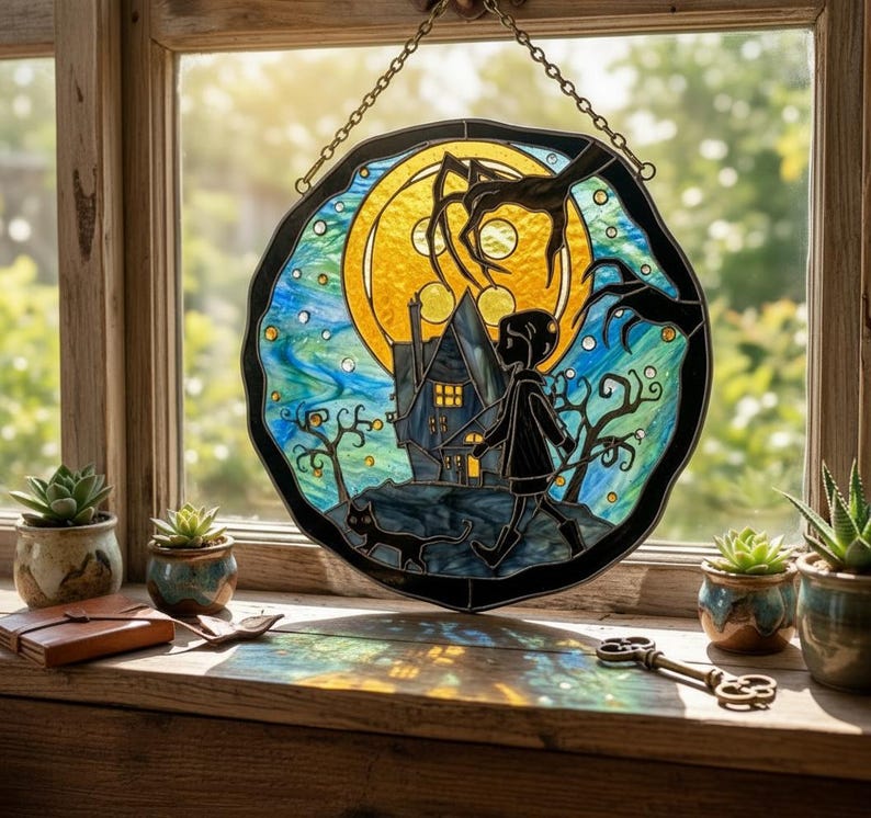 Puede incluir: Vidriera que representa una escena espeluznante con un ni&ntilde;o, un gato y una casa embrujada bajo la luna llena. La ventana es redonda con un borde negro y cuelga de una cadena. Los colores incluyen amarillo, azul y negro.