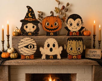 Rustic Halloween Wood Figures Set Spooky Witch Pumpkin Ghost Vampire Mummy Frankenstein Decor Farmhouse Mantel Tiered Tray Decoration