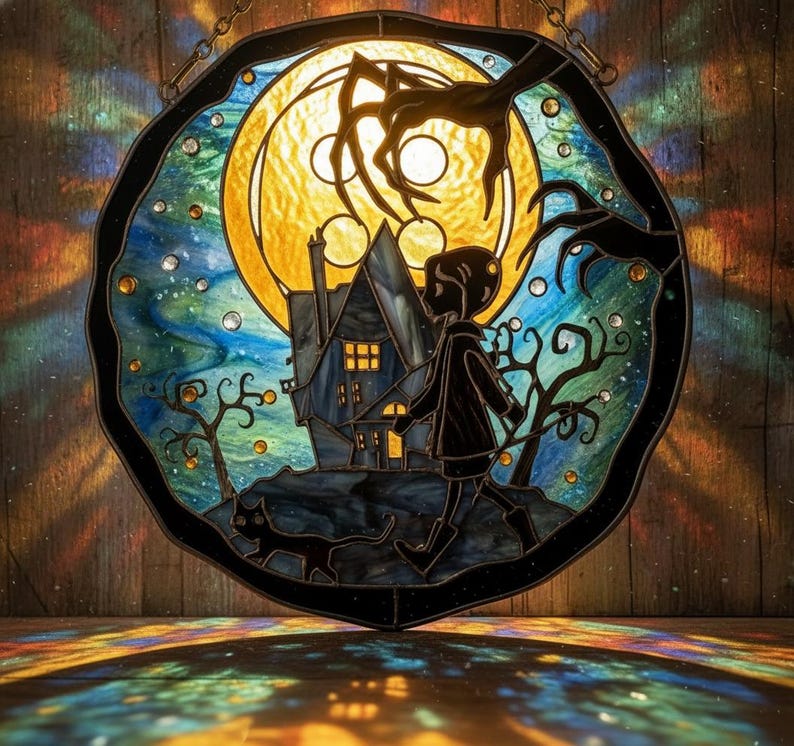 Puede incluir: Panel de vidrieras que representa una escena espeluznante con una luna llena, una casa embrujada y un ni&ntilde;o caminando con un gato negro. La obra de arte tiene un estilo oscuro y caprichoso con un borde negro y una cadena para colgar.