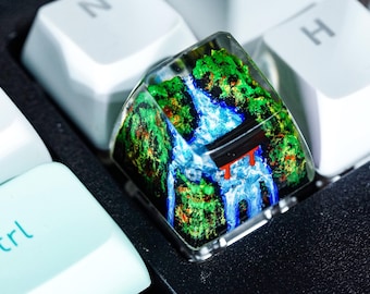 Handmade Resin Artisan Keycap With Miniature Waterfall Diorama | Custom Mechanical Keyboard Accent Key | Unique Nature Scene Gift