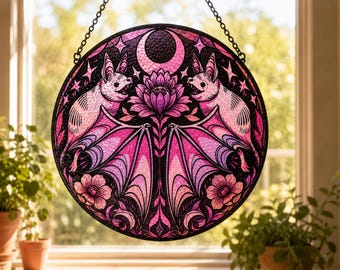 Gothic Bat Suncatcher Glass Window Hanging, Pink Purple Moon Stars Art Decor, Witchy Home Accent Gift