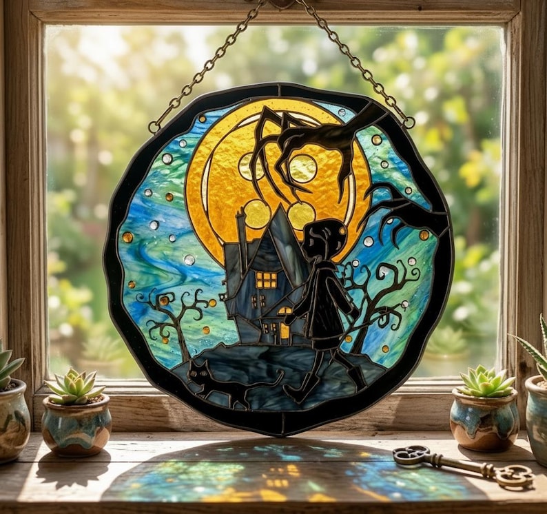 Puede incluir: Una vidriera circular que representa una escena de Halloween. Muestra a un ni&ntilde;o, un gato, una casa y una luna llena. La ventana est&aacute; enmarcada en negro y suspendida por una cadena. Los colores son amarillo, azul y negro.