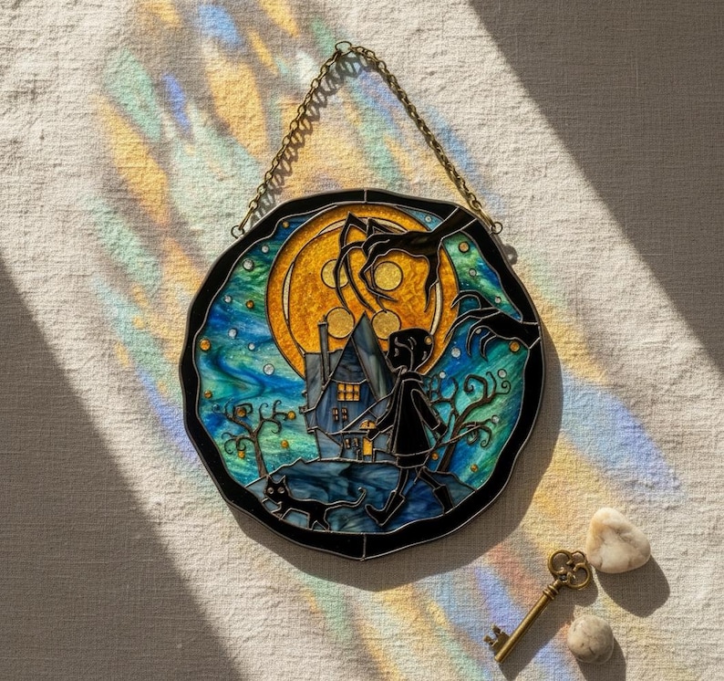 Puede incluir: Panel de vidriera que representa una escena caprichosa con un ni&ntilde;o, un gato y una casa bajo la luna llena. La obra de arte utiliza tonos de azul, amarillo y negro, con una cadena de metal decorativa para colgar. Una llave antigua y piedras est&aacute;n debajo.