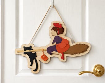 Kiki's Delivery Service Wood Art | Anime Witch Jiji Cat Door Sign | Studio Ghibli Nursery Wall Decor | Laser Cut Wooden Gift