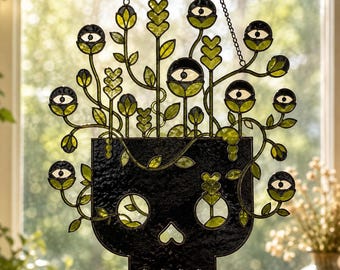Gothic Skull Plant Suncatcher, Faux Stained Glass Window Hanging, Macabre Botanical Eye Decor, Unique Witchy Home Gift