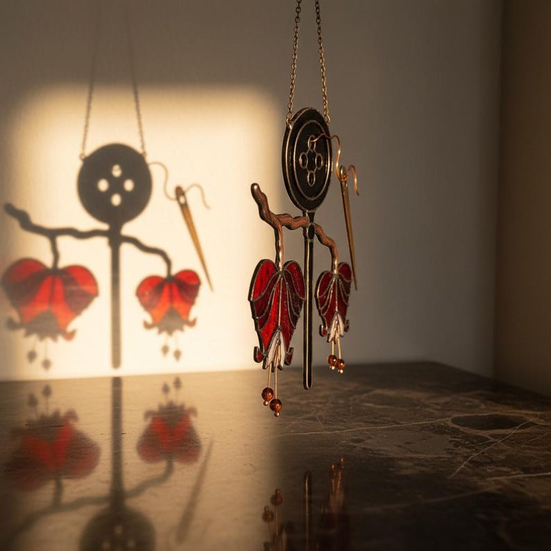 Puede incluir: Un collar con colgante artesanal con un dise&ntilde;o floral estilizado. El colgante presenta elementos rojos y dorados, suspendidos de una delicada cadena. El dise&ntilde;o incluye una forma de bot&oacute;n y una aguja, creando una pieza caprichosa y art&iacute;stica.